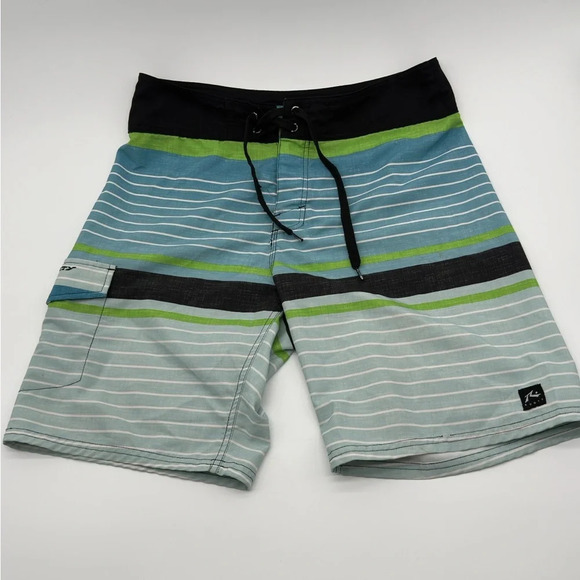 Rusty Mens Size 30 Blue/Green/Black Stripe Board Shorts Swim Trunks Surf - Picture 1 of 7